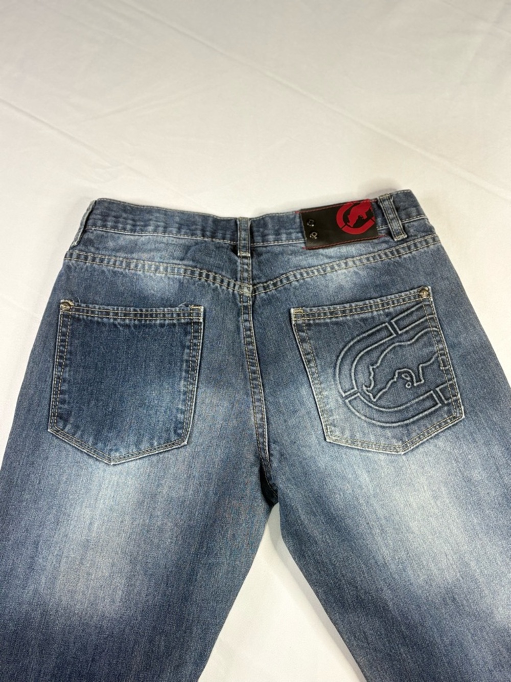 Y2K Ecko Unltd Embroidered Blue Slim Straight Faded Jeans | $30.99